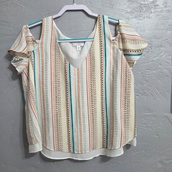 BISOU BISOU short sleeve open shoulder blouse with lining underneath size M - Picture 1 of 7